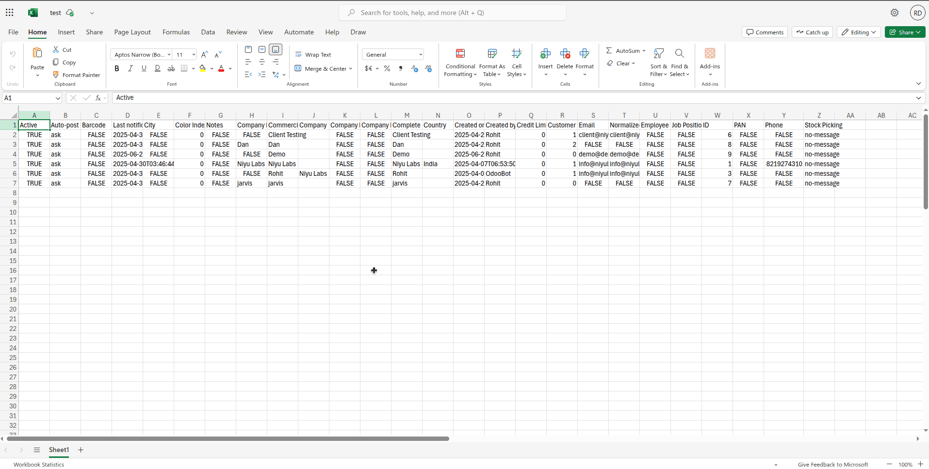 Odoo to Excel Online data flow