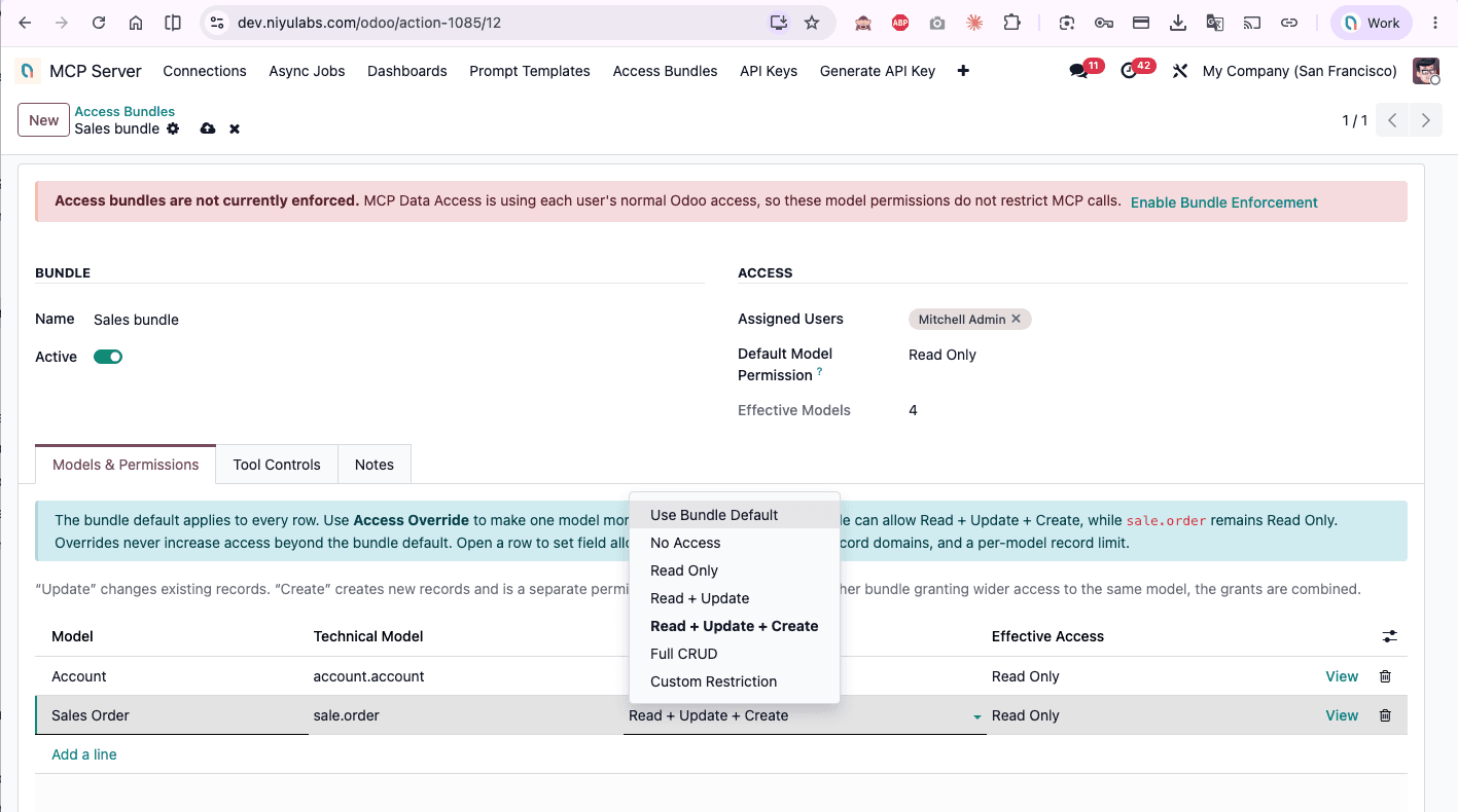 Odoo MCP access bundle with a per-model permission dropdown offering No Access, Read Only, Read + Update, Read + Update + Create, Full CRUD, and Custom Restriction for sale.order and account.account