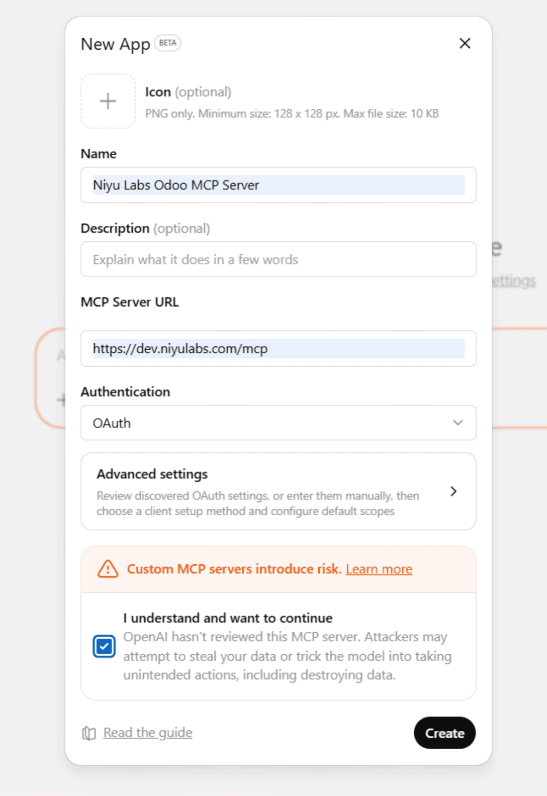 ChatGPT authentication and endpoint setup for the Odoo MCP server