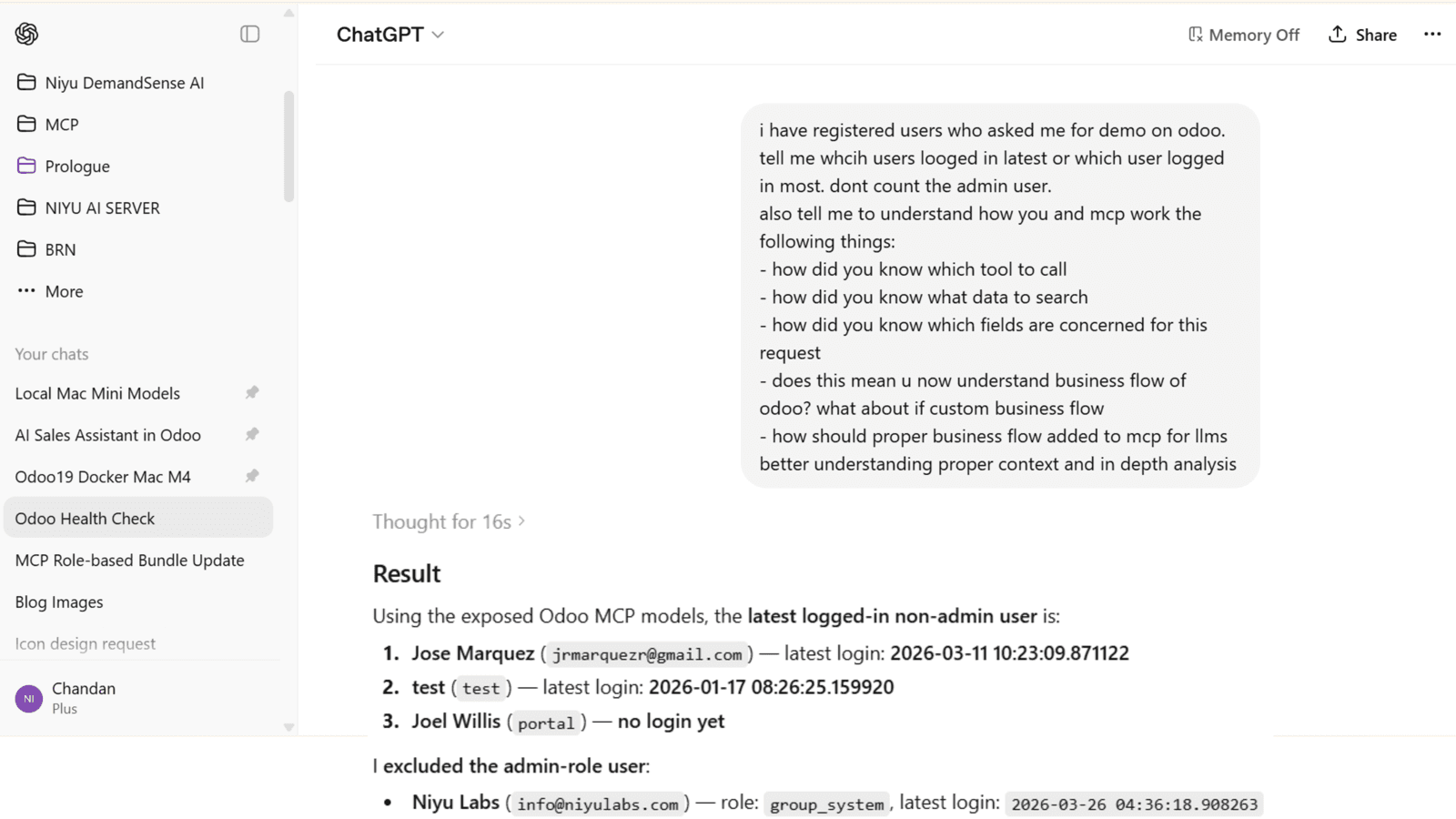 ChatGPT returning an answer from live Odoo data resolved through the MCP semantic glossary