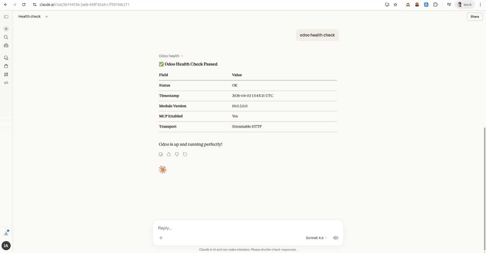 Odoo MCP server health and diagnostics report showing auth mode and exposed model count