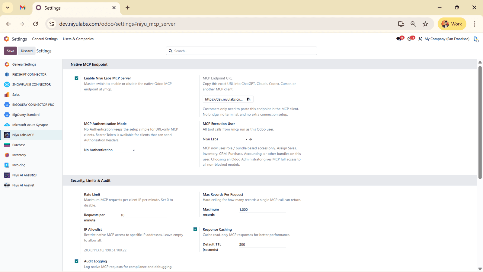 Odoo MCP server settings panel showing the execution user, bearer token, allowed origins, and rate limits