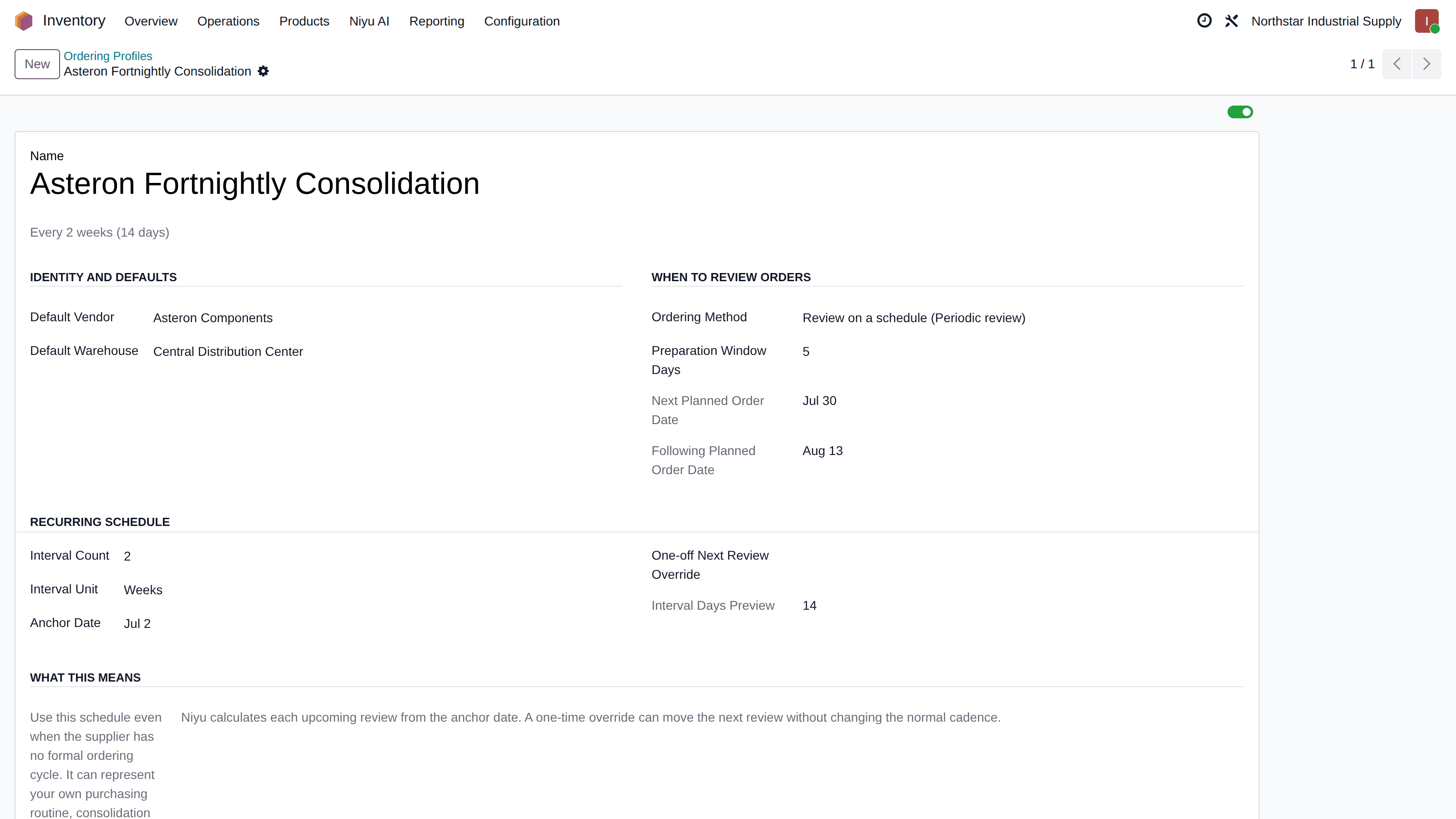 A Niyu Smart Stock Ordering Profile in Odoo: a fortnightly consolidation schedule with a default vendor and warehouse, a 5-day preparation window, and the next two planned order dates