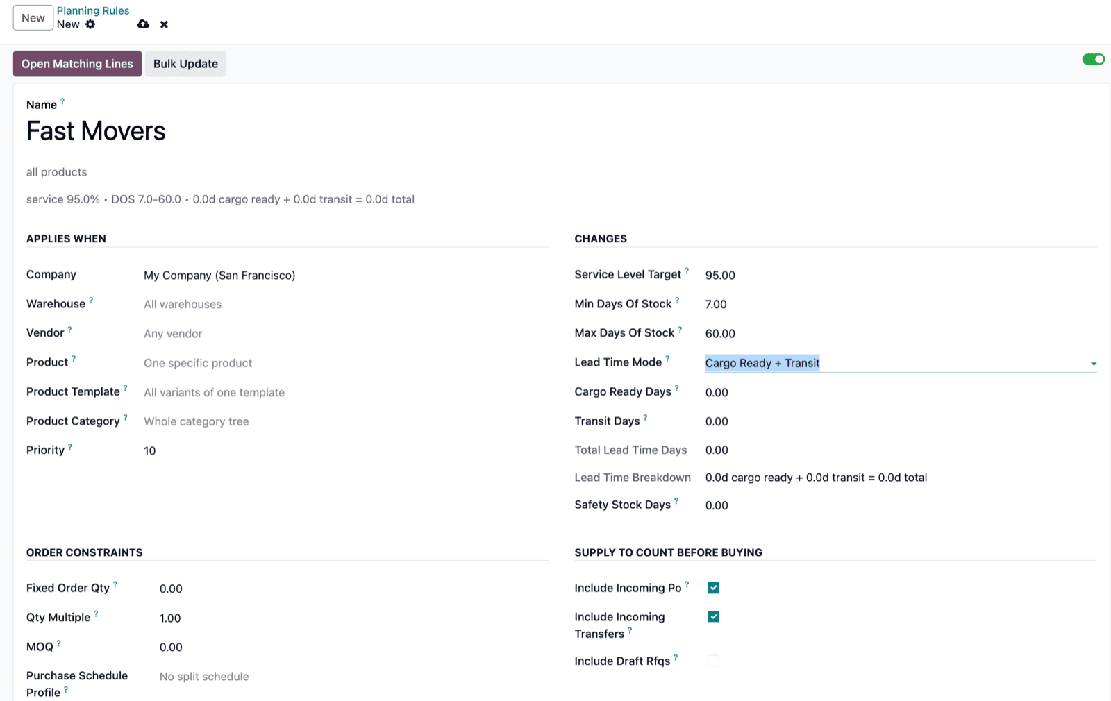 A Niyu Smart Stock planning rule with service level, days of stock, and safety stock