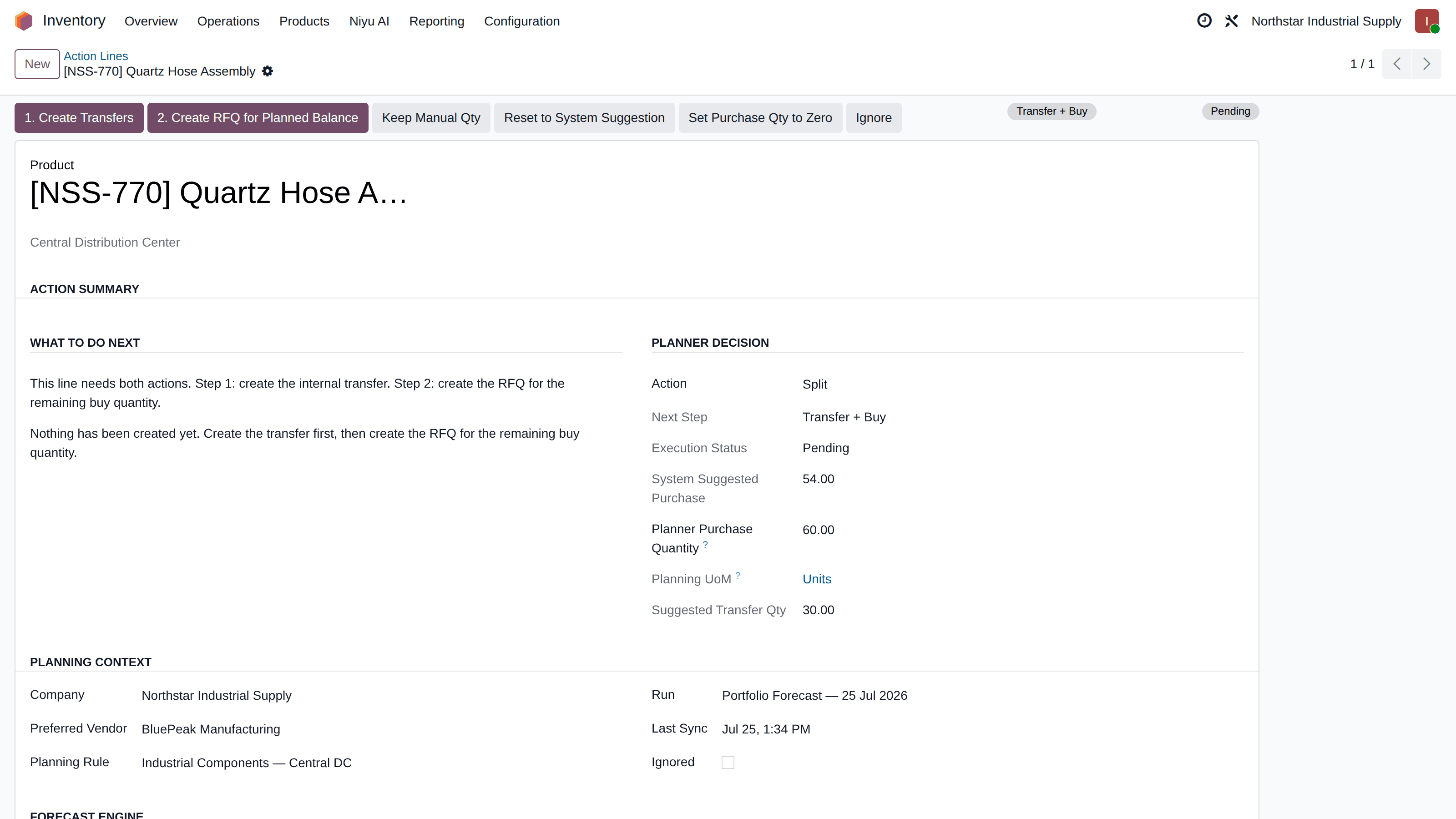 A Niyu Smart Stock action line in Odoo showing a transfer plus buy recommendation with a 54 unit system suggestion beside an edited 60 unit Planner Purchase Quantity