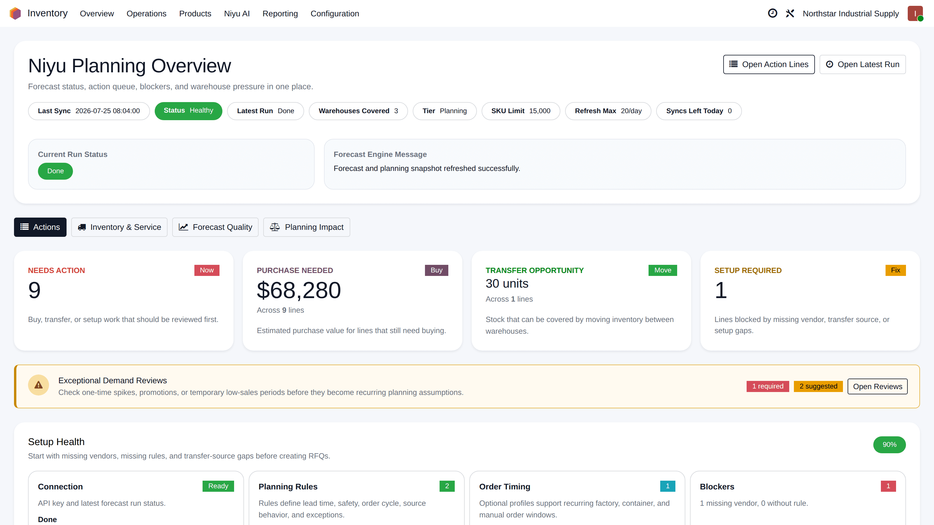 Niyu Smart Stock Planning Overview in Odoo showing urgent action lines, the purchase budget needed, transferable units, an exceptional demand alert, and setup health